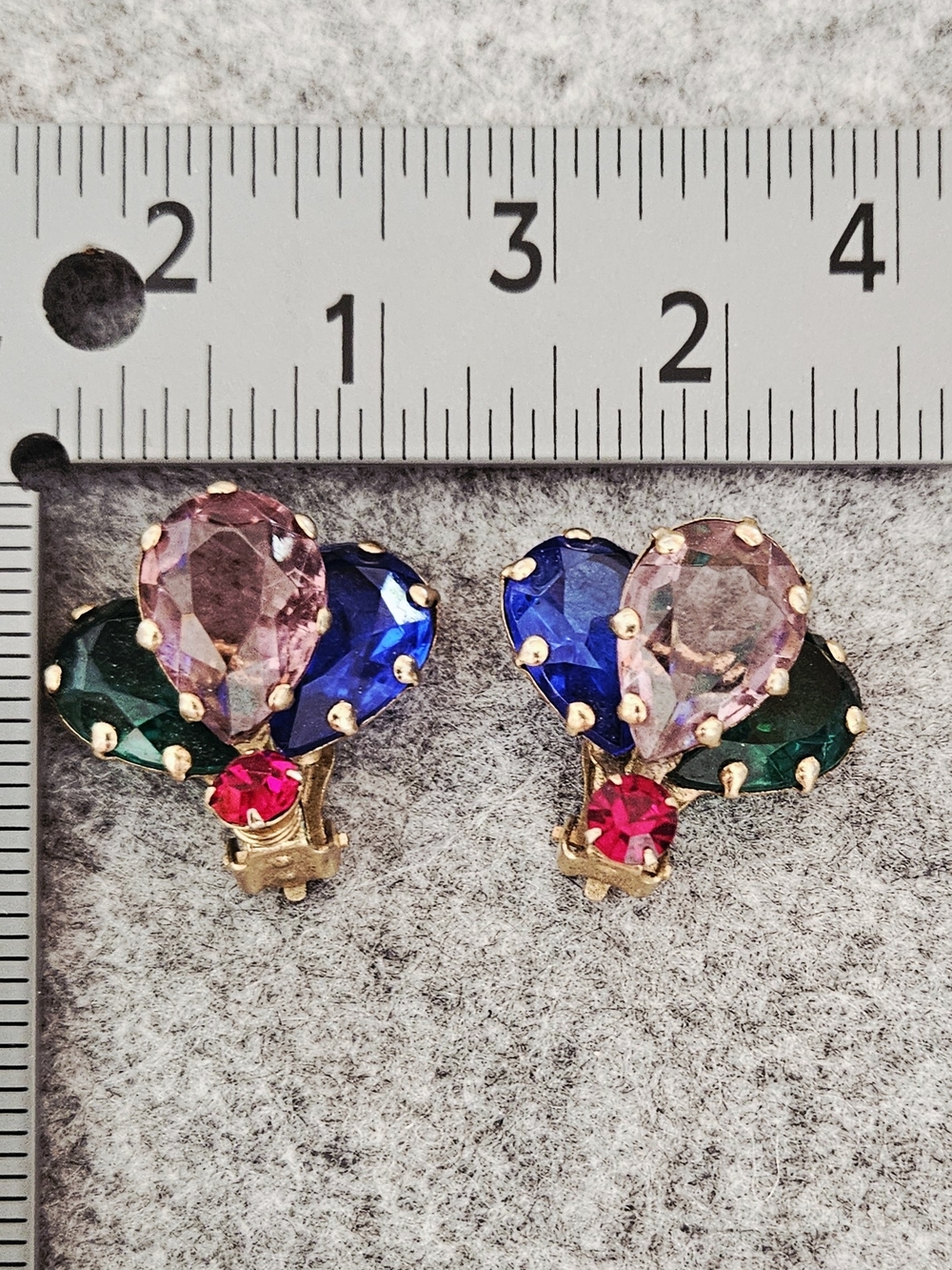 Vintage Multicolor Teardrop Crystal Clip-On Earrings - Pink, Blue, Green